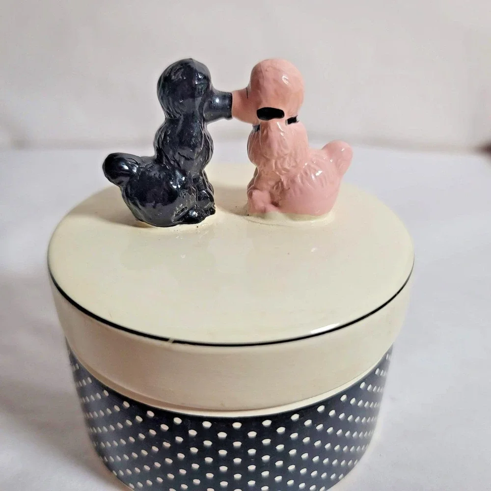 FAB Starpoint Ceramic‎ Poodle Trinket Box Round Polka Dot Pink Bow Small Cute